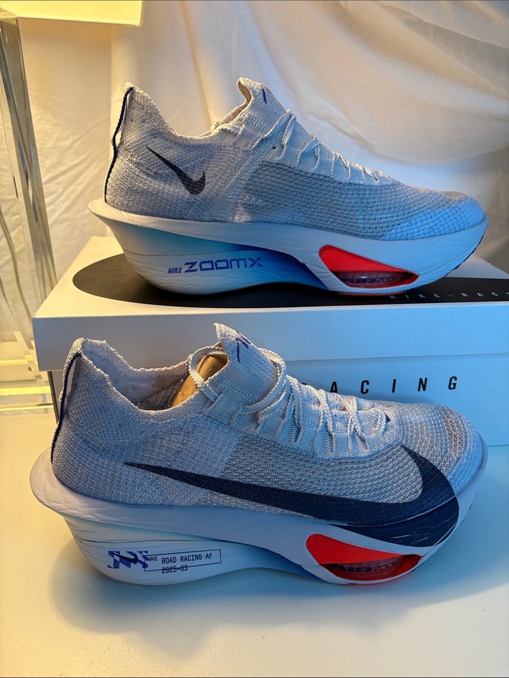 Men’s Nike Flyknit Road Racing Sneakers — Light Grey with Navy & Red